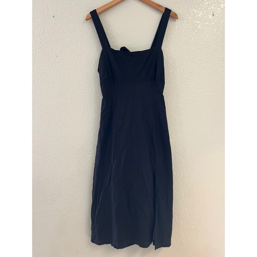 LA Hearts Black Linen Blend Open Back Tie Midi Dress Square Neck Slit Size M